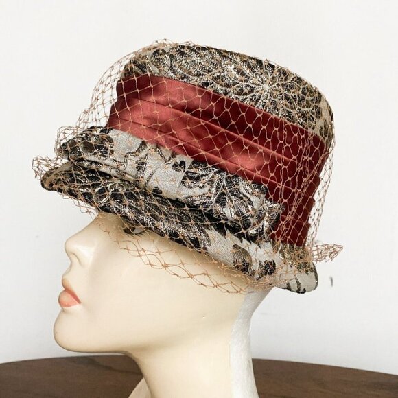 Vintage Gold Lamé Floral Net  Detail Bucket Hat S - Picture 5 of 12